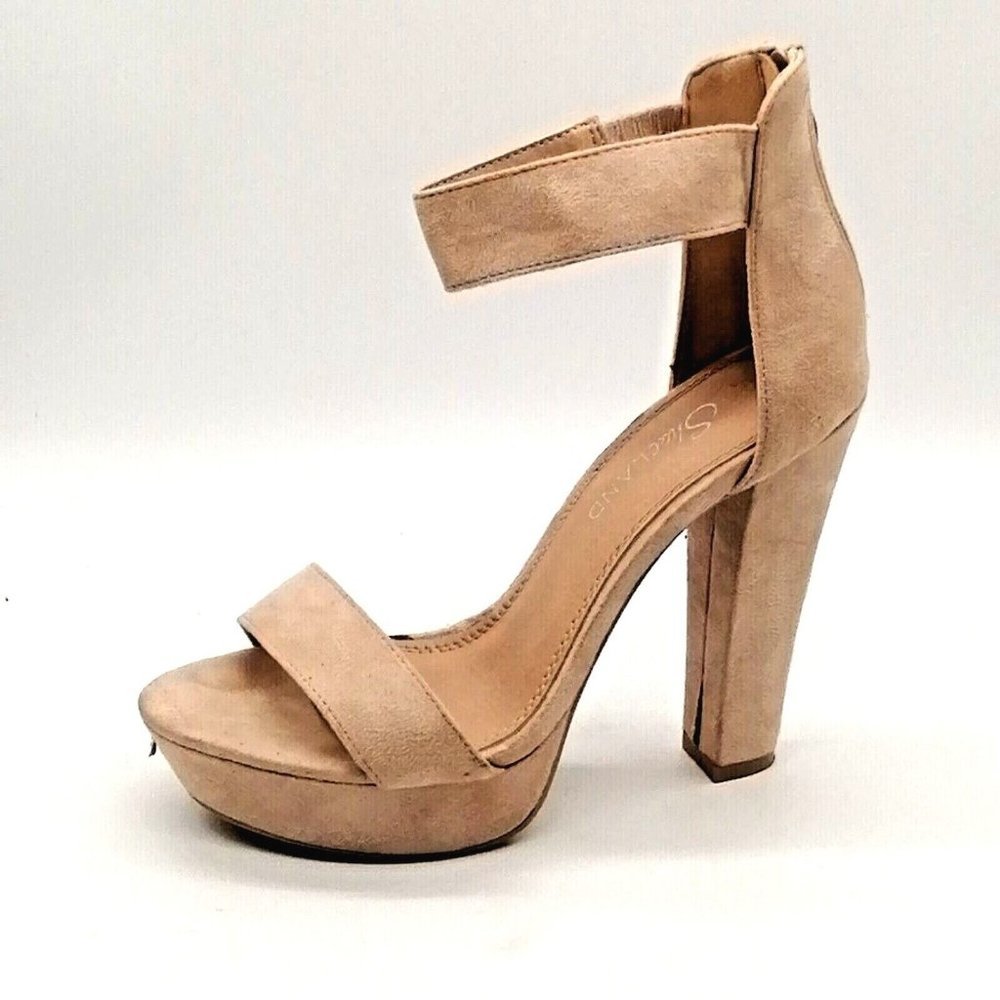 Shoeland Womens Cutesy Platform Sandal‎ Tan Stretch Ankle Strap Back Zip 7.5